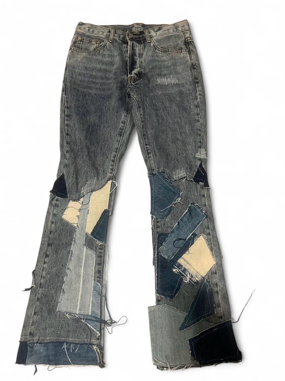 MNML Gray Washed Patchwork Jeans with Blue and Cream Panels Streetwear